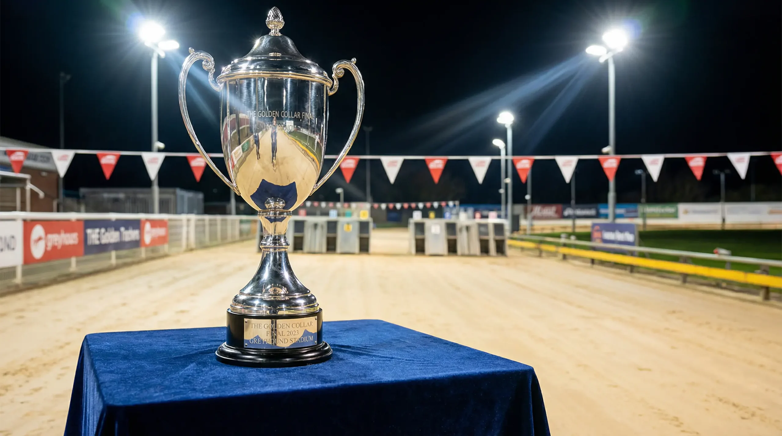 English Greyhound Derby trophy and finalists at a UK stadium