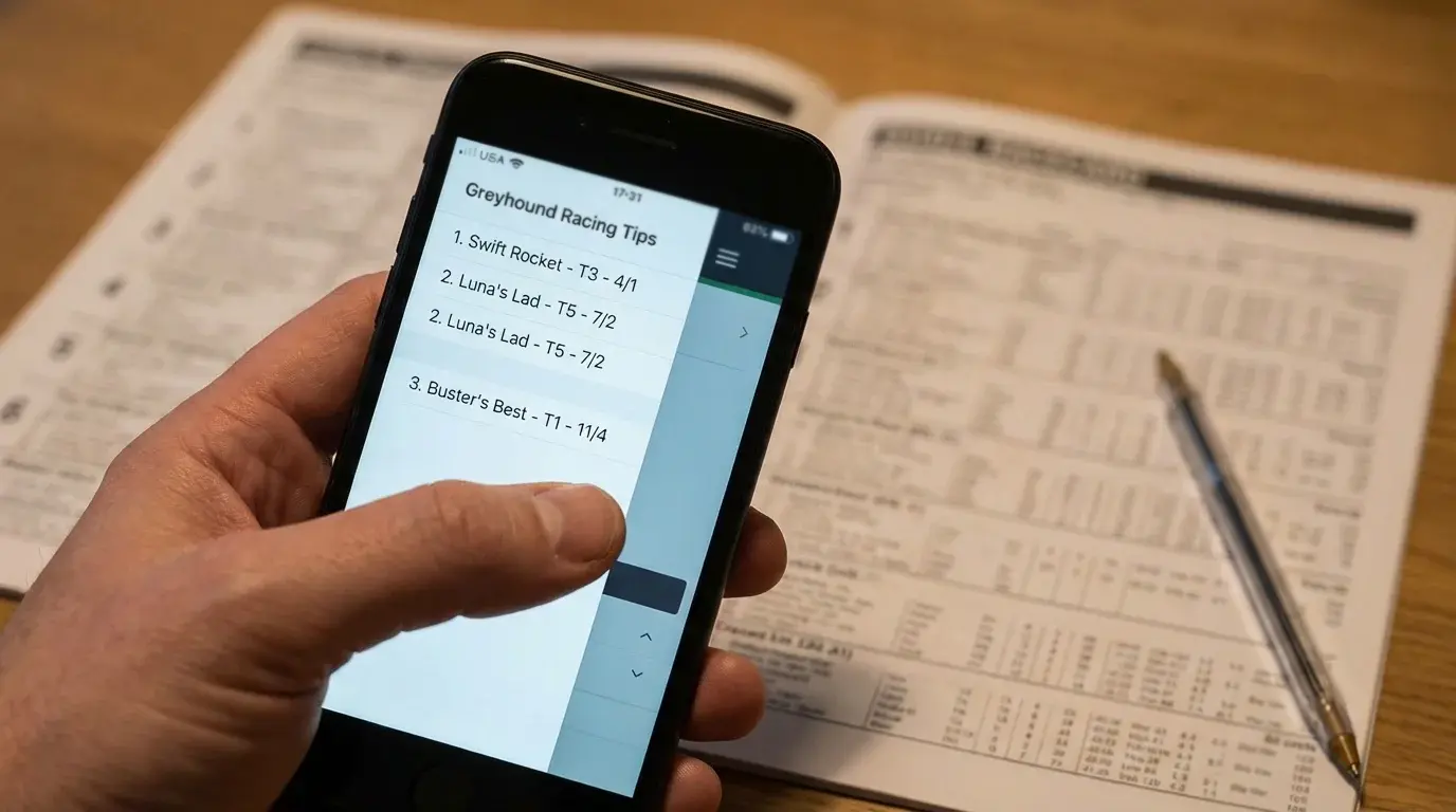 Greyhound racing tips displayed on a mobile phone screen