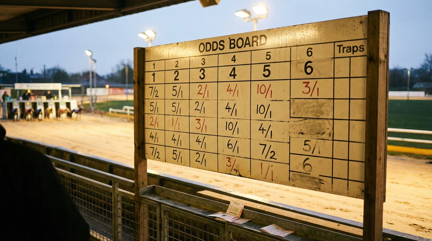 Greyhound racing odds displayed on a UK bookmaker board