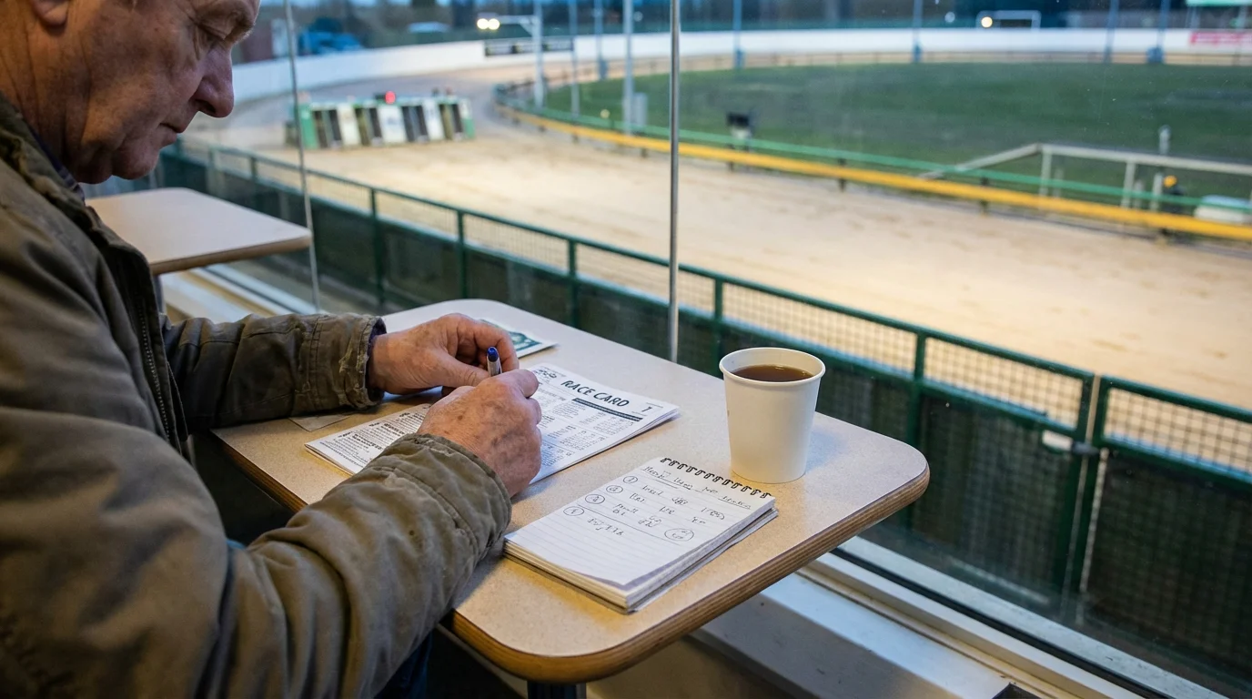 Hands holding a greyhound racecard beside a notebook with handwritten form analysis notes