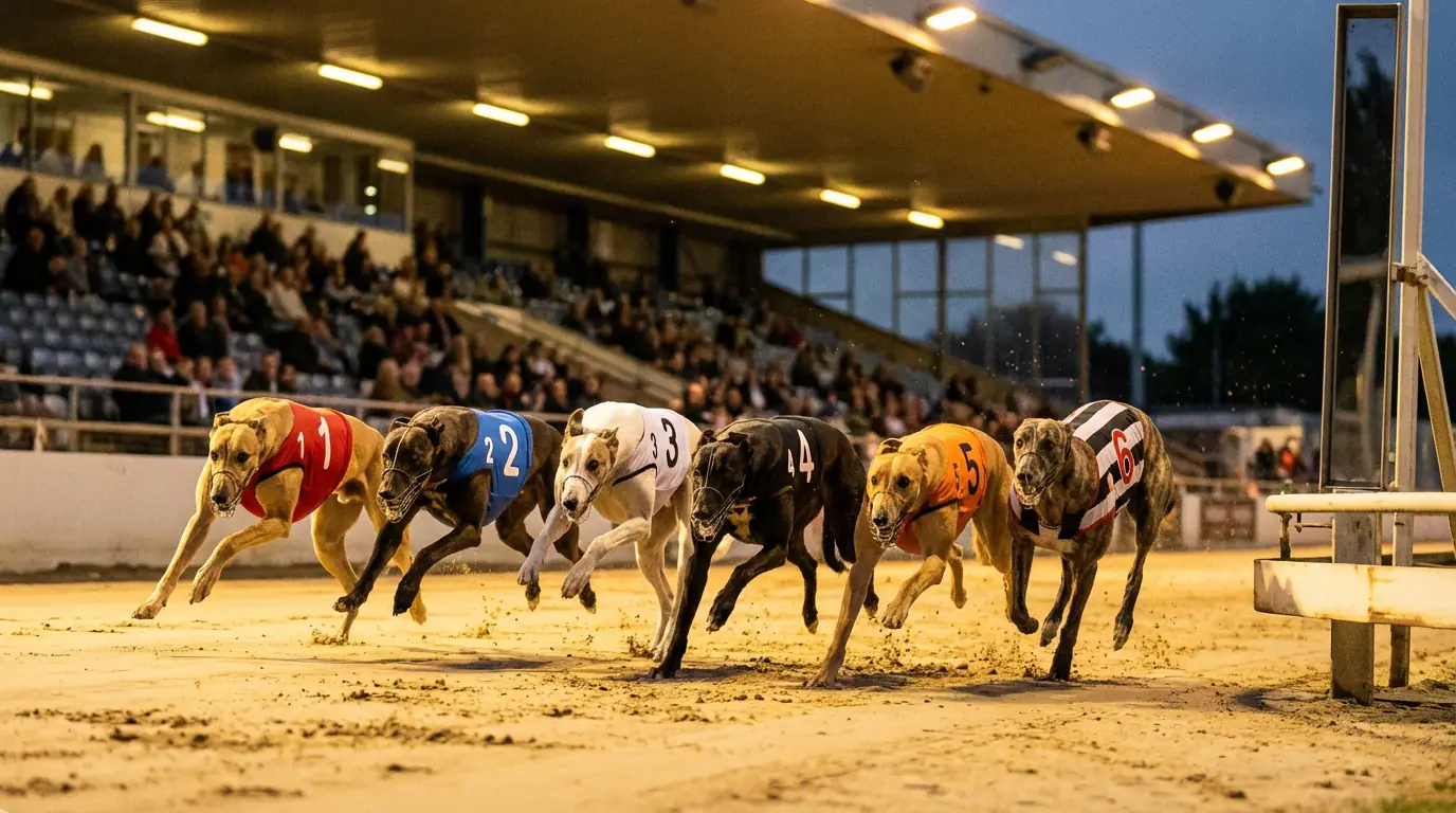 Greyhound racing field approaching the finish with close margins