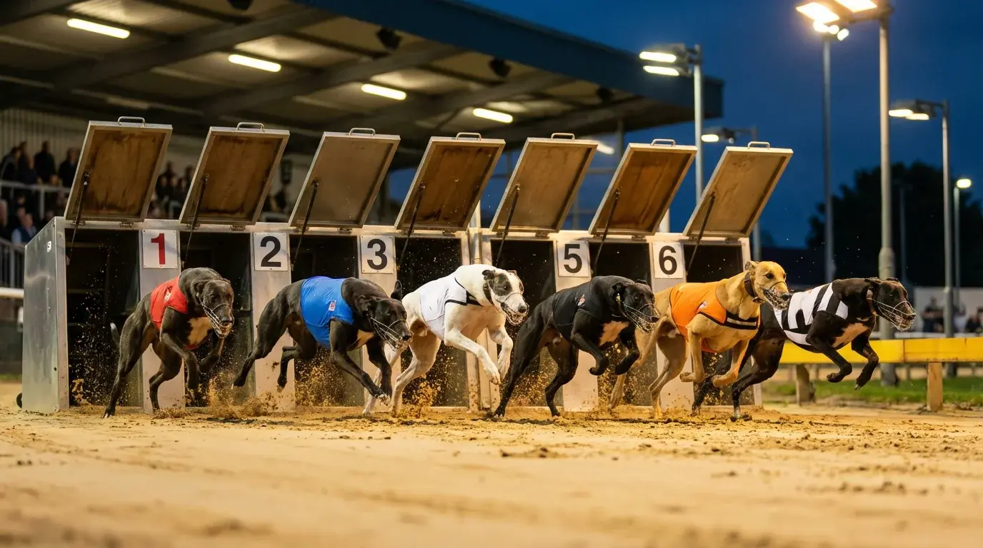 Greyhounds bursting from the starting traps at a UK track