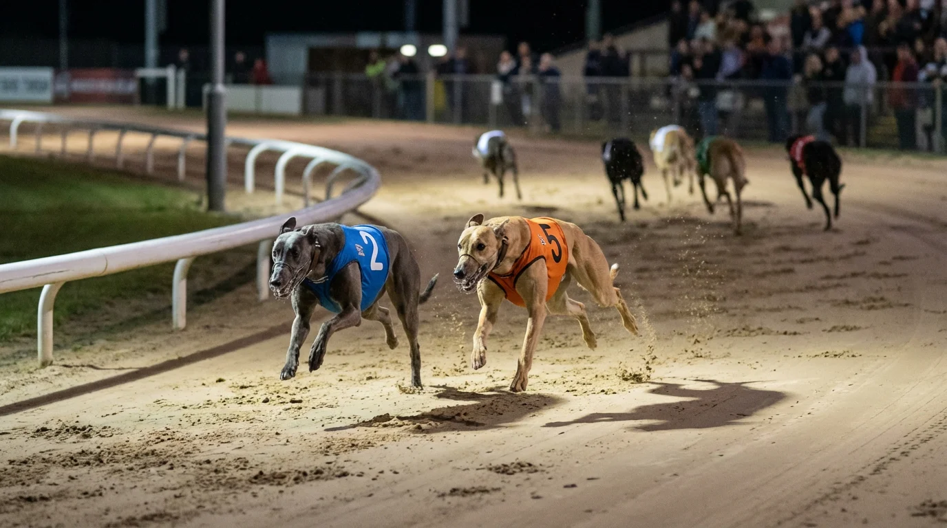Two greyhounds racing neck and neck towards the finish line