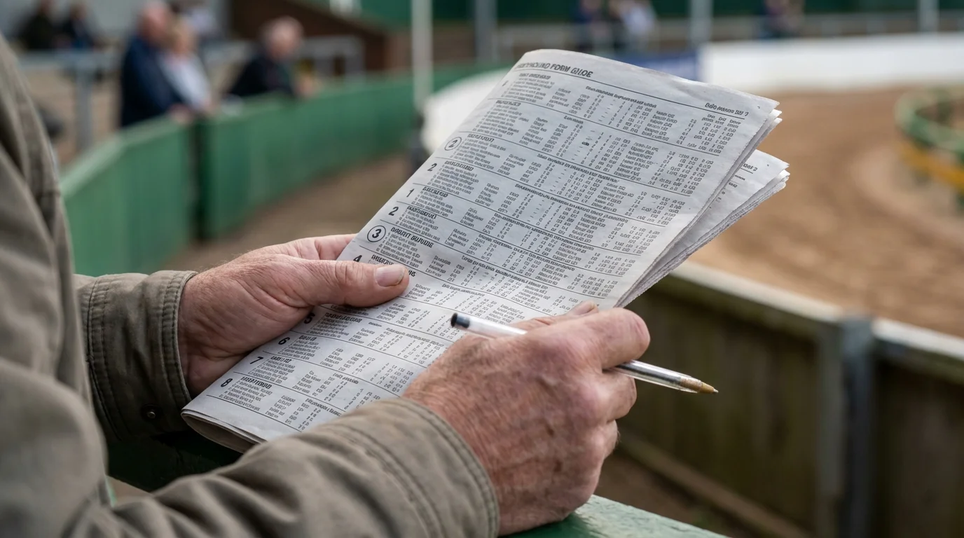 Punter studying a greyhound form guide with a pen, marking calculated times in the last six runs