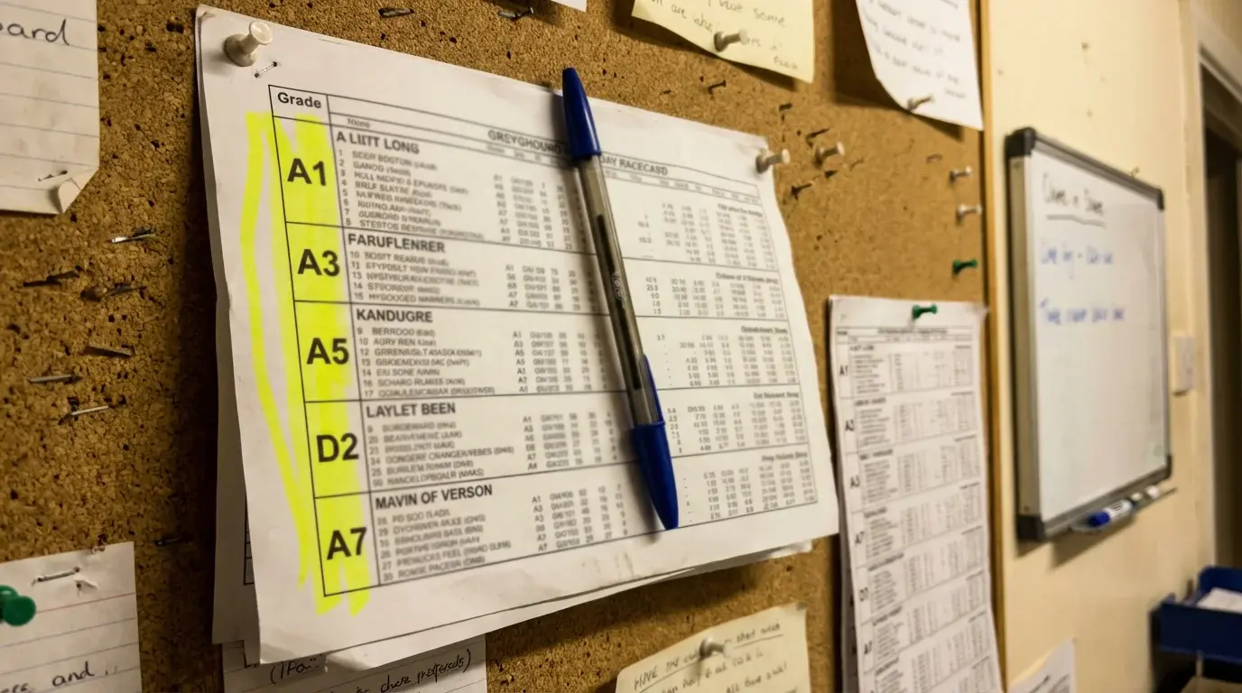 Greyhound racing grading system illustrated at a UK track