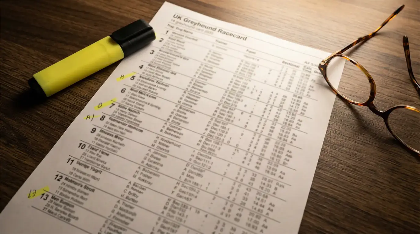 Close-up of a printed UK greyhound racecard showing trap numbers, form lines and grade columns