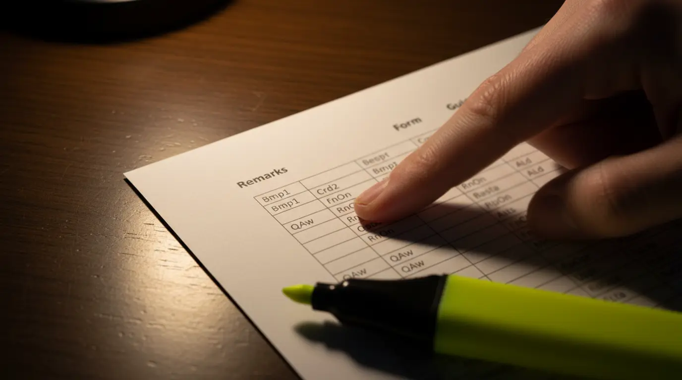 Close-up of greyhound racecard form section showing remark codes