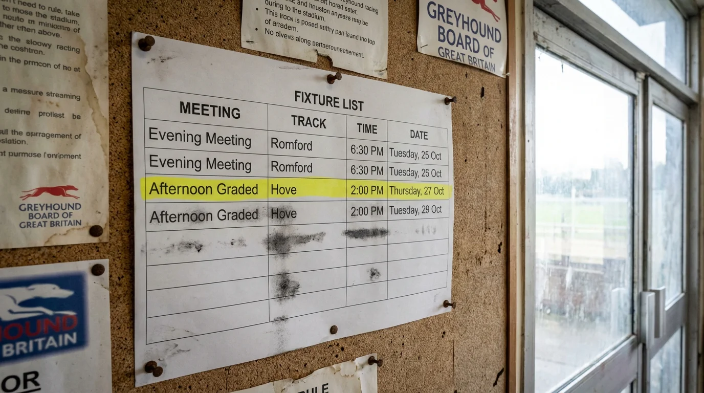 UK greyhound racing fixture schedule displayed on a screen