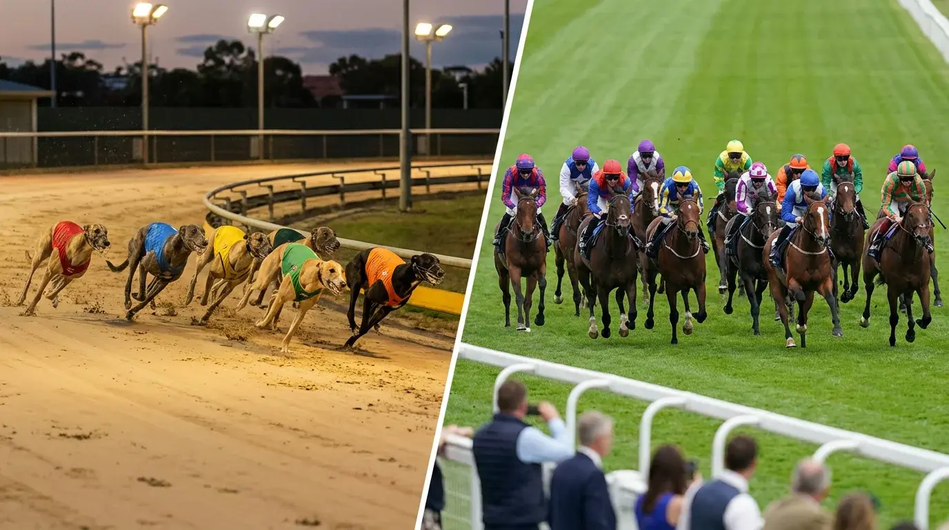 Split image of greyhound racing and horse racing at UK tracks