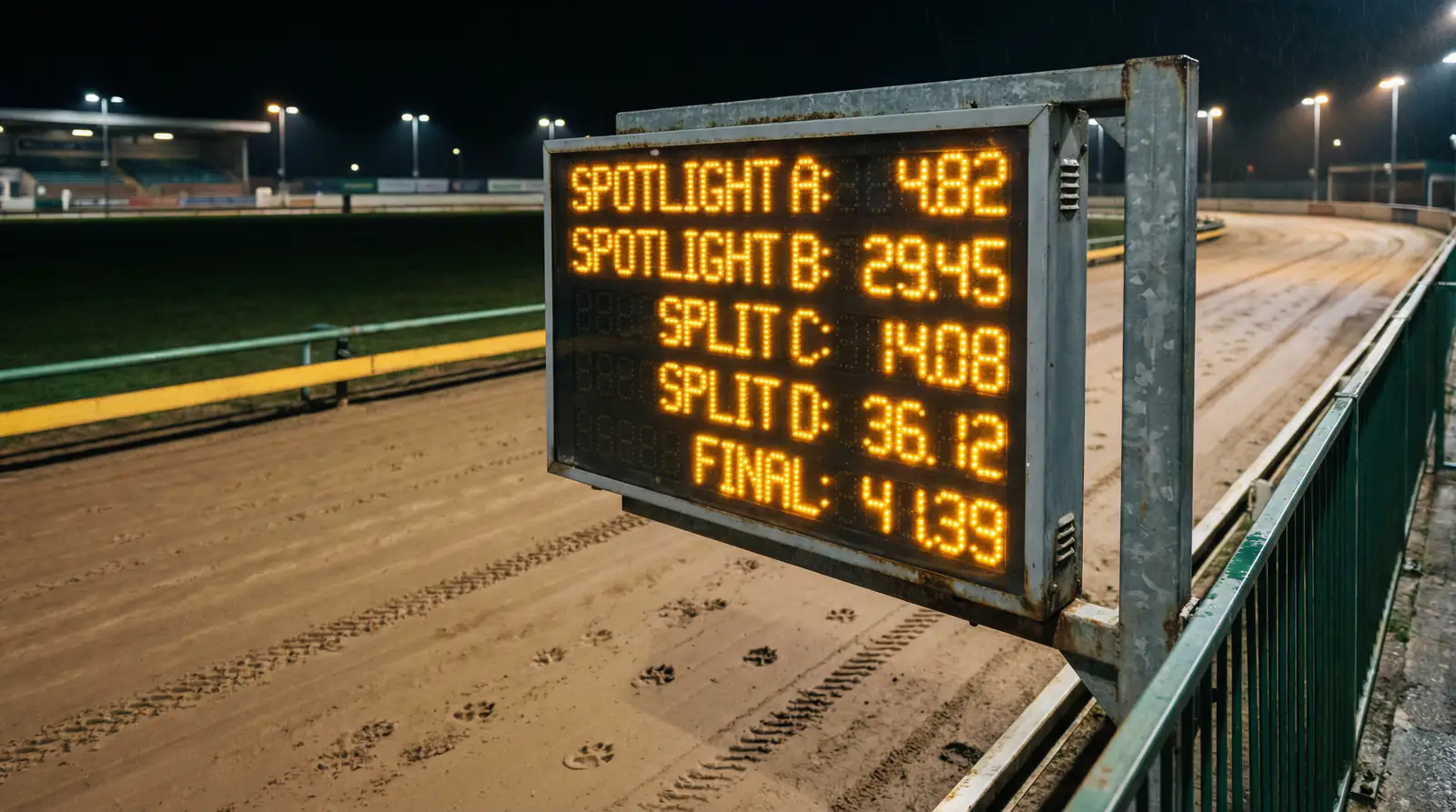 Digital timing display at a UK greyhound track showing sectional split times for a race