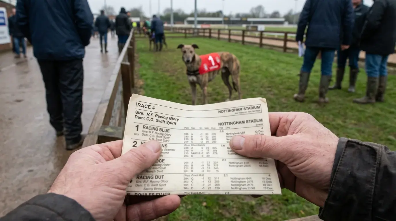 Greyhound pedigree information displayed on a UK racecard