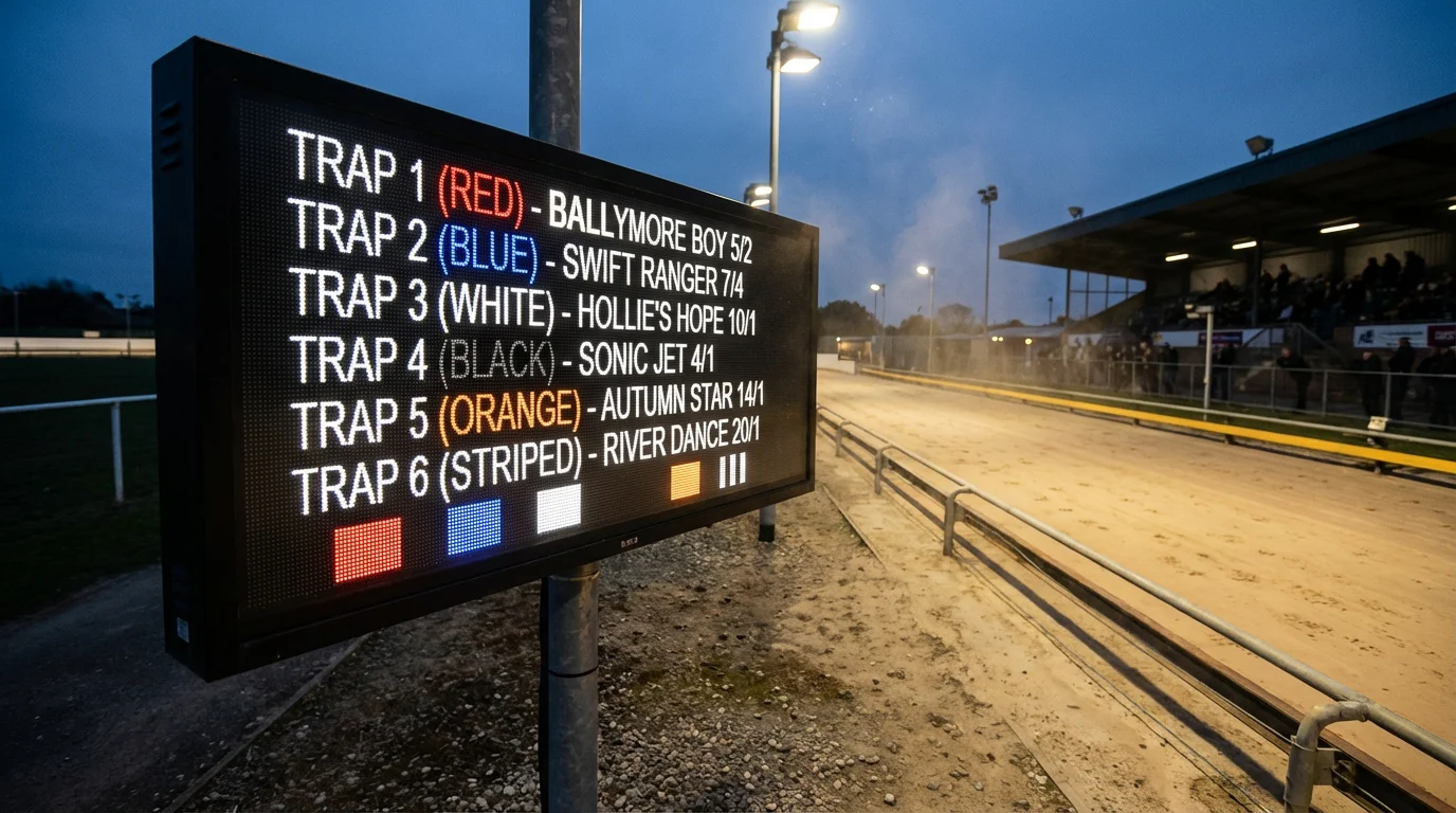 Starting price odds display at a UK greyhound racing track