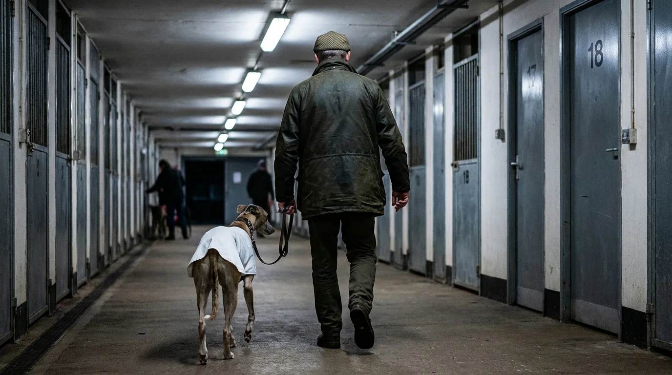 Greyhound trainer preparing a runner at a UK racing kennel