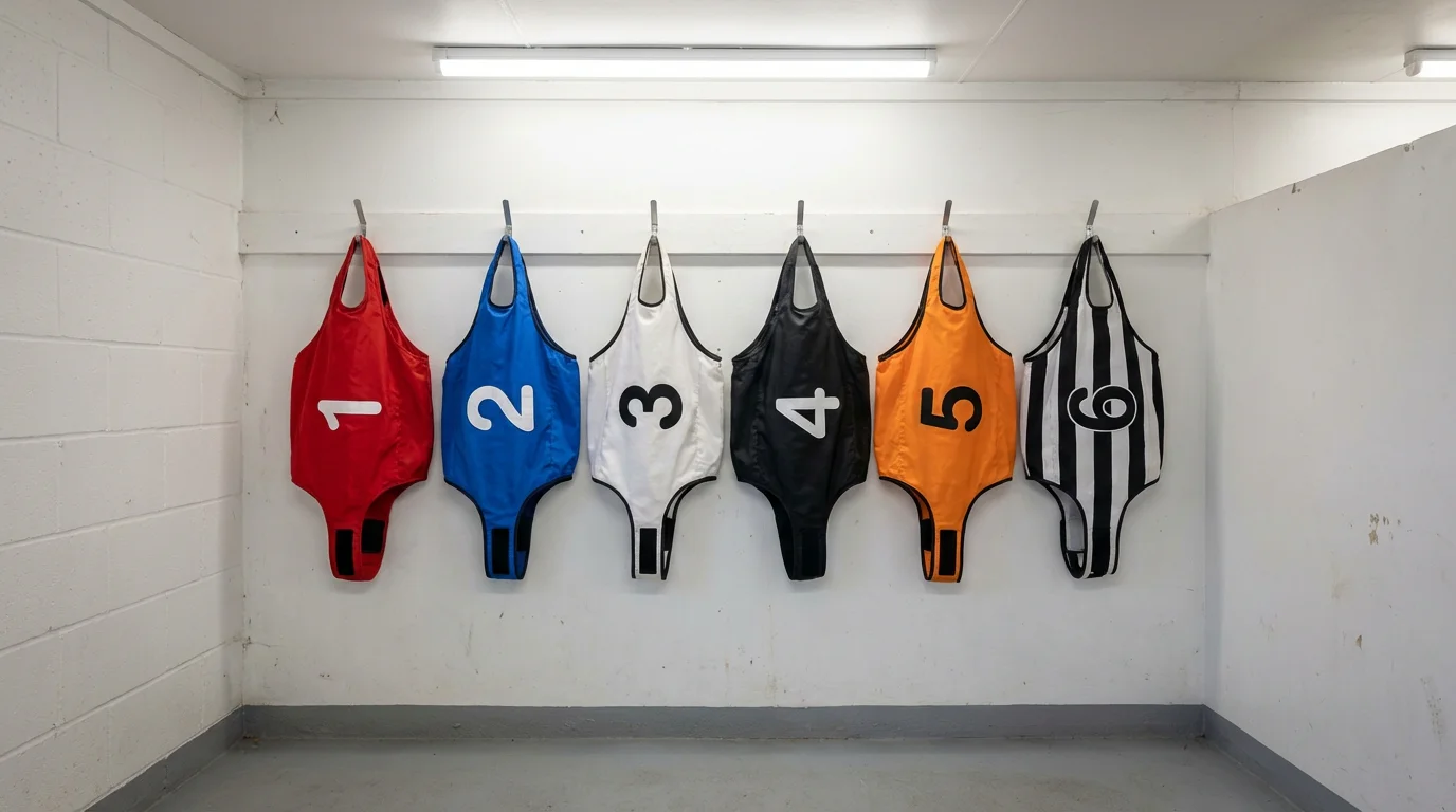Six greyhound racing jackets in trap colours — red, blue, white, black, orange and black-and-white stripes — hanging on hooks