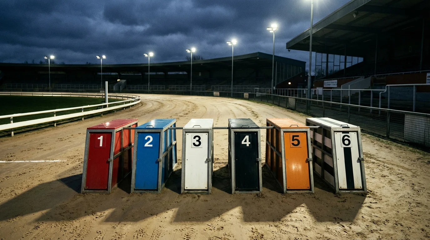 Greyhound starting traps at a UK racing track from behind