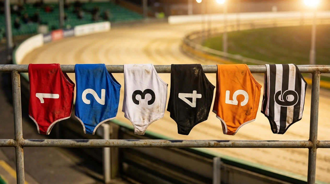 Greyhound trap jacket colours lined up at the starting boxes