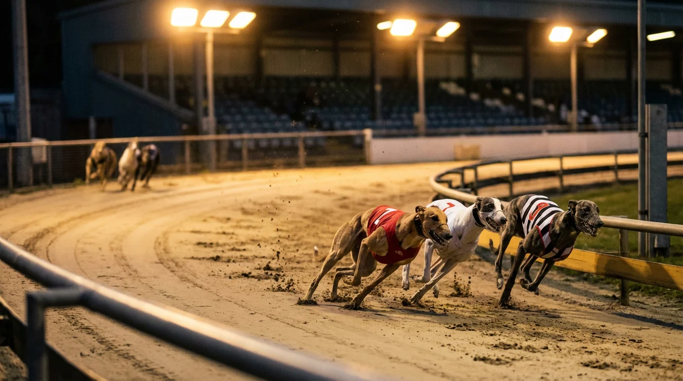 Three greyhounds racing closely together at a UK track