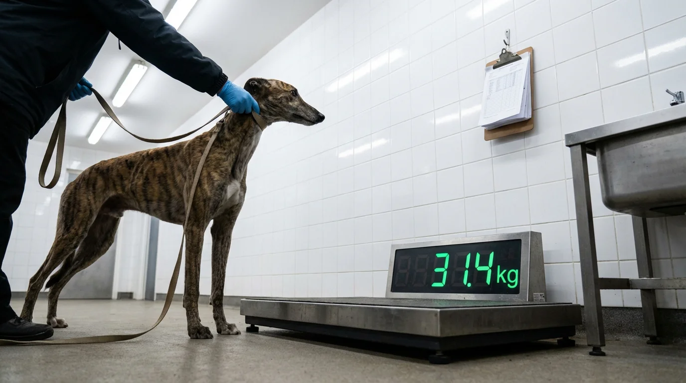 Greyhound being weighed before a race at a UK track