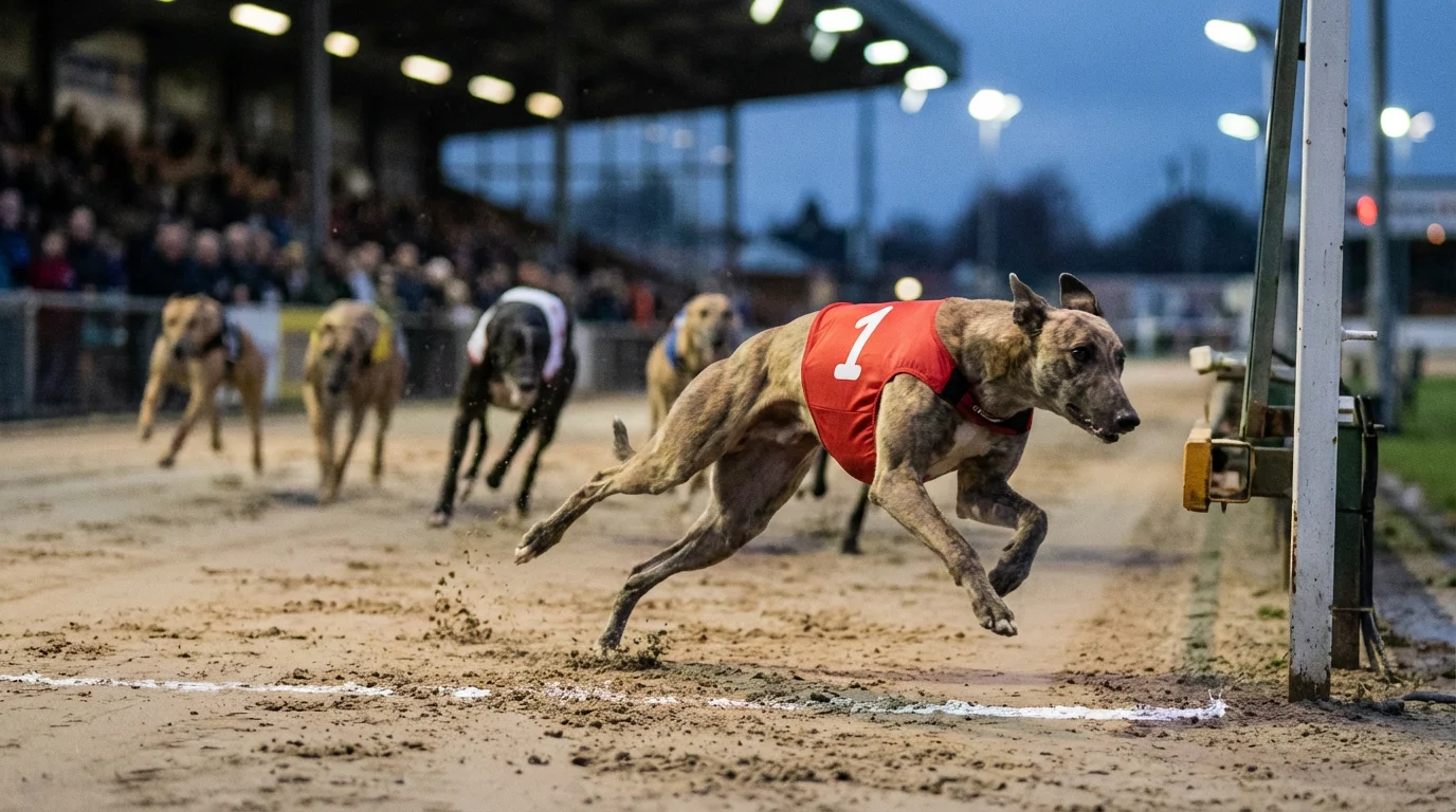 Greyhound crossing the finish line first at a UK track