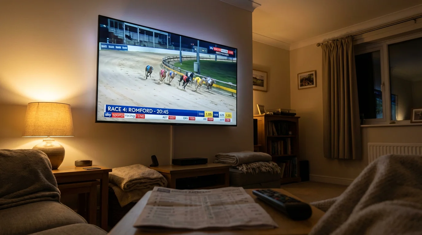 Live greyhound racing broadcast on a television screen in the UK