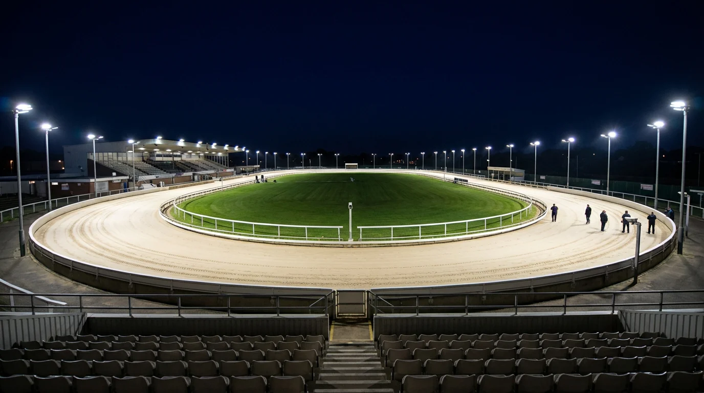 Romford greyhound stadium track under floodlights