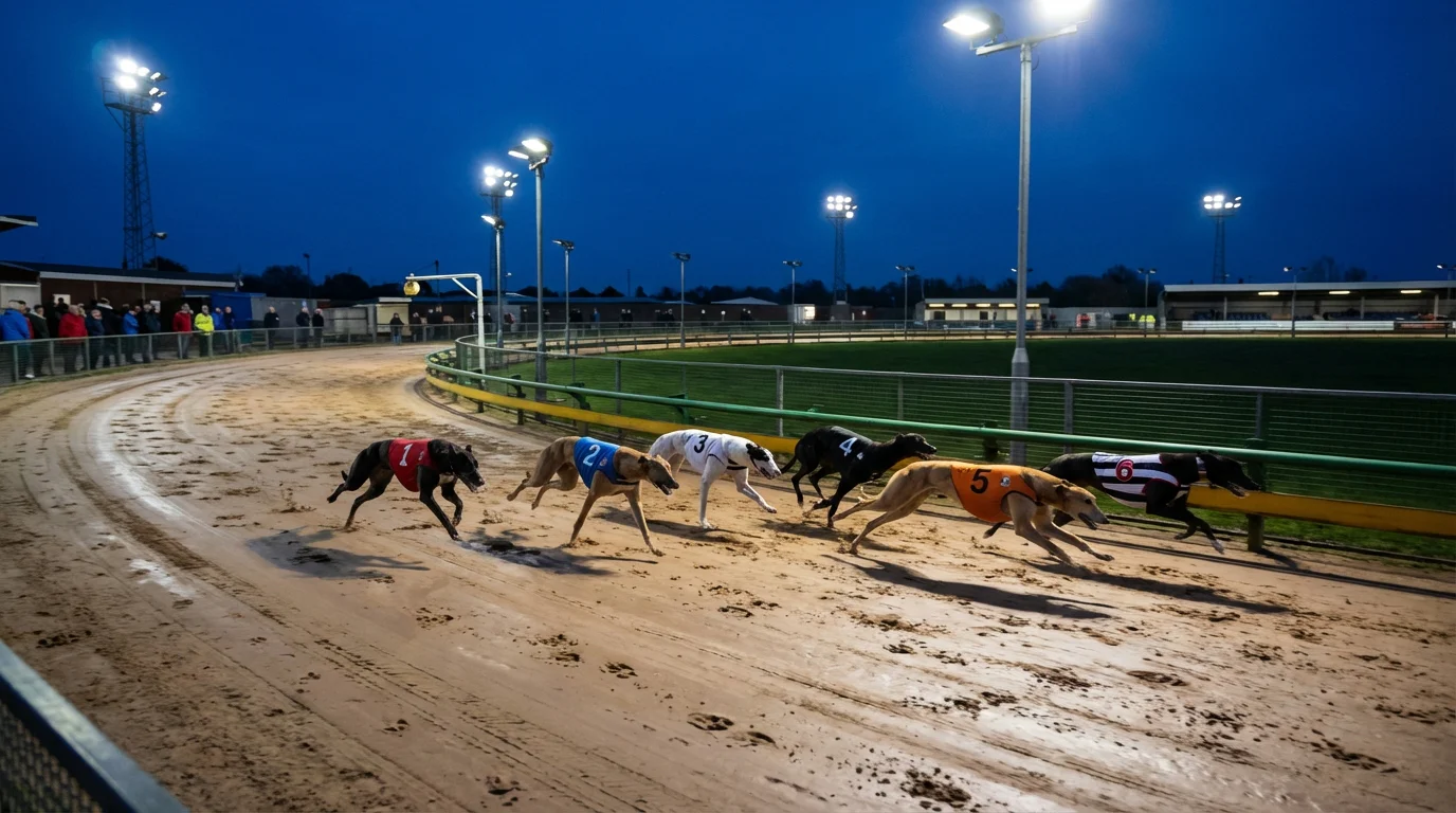 Six greyhounds racing on a sand oval track under floodlights at a UK stadium