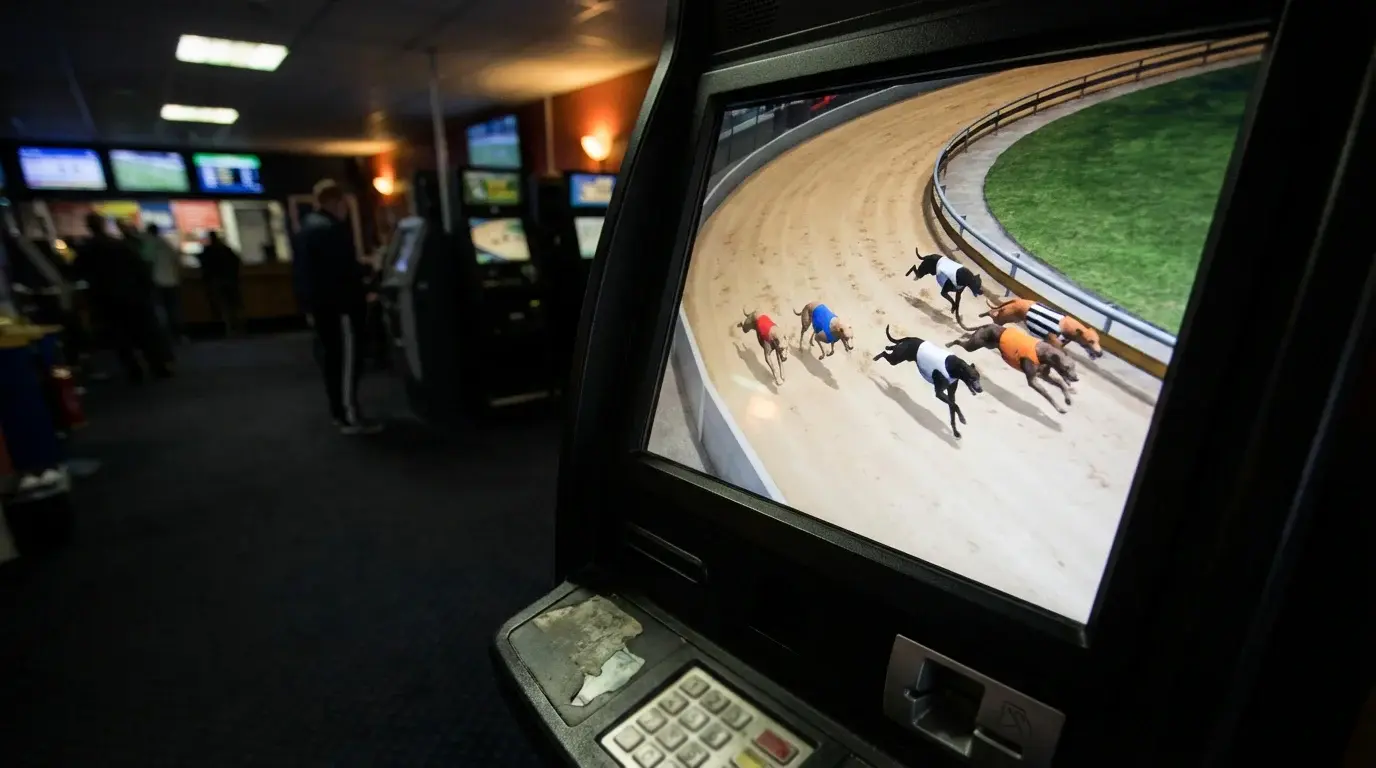 Virtual greyhound race animation on a betting terminal screen